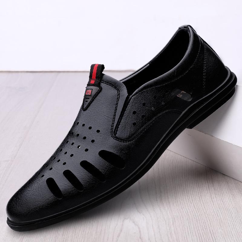 2023 Men s Breathable Summer Formal  Casual Hollowed Sandals - British Style Leather Shoes 43 чёрный