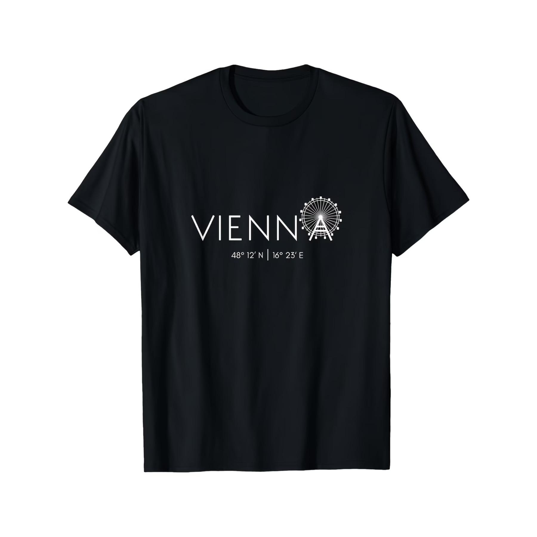 Vienna Austria Prater Ferris Wheel Graphic Unisex T-Shirt - Black with White Riesenrad Design & Coordinates S чёрный