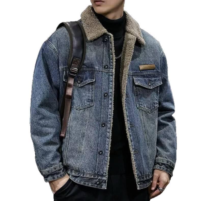 Giacca da Lavoro Invernale da Uomo in Velluto e Denim Retro Americano - Spessa, Calda, con Lana d'Agnello