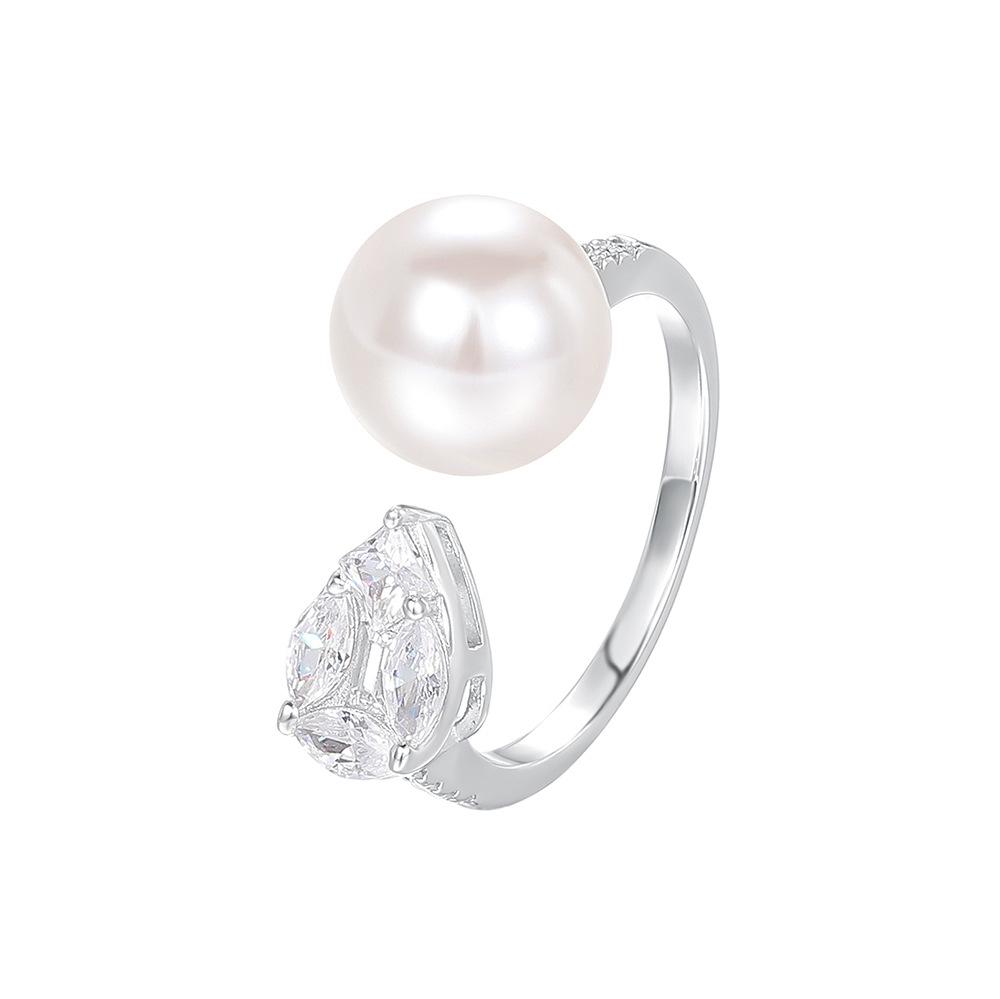 French Retro Pearl Zircon 999 Sterling Silver Adjustable Ring for Women Temperament Wedding Party Jewelry Accessories