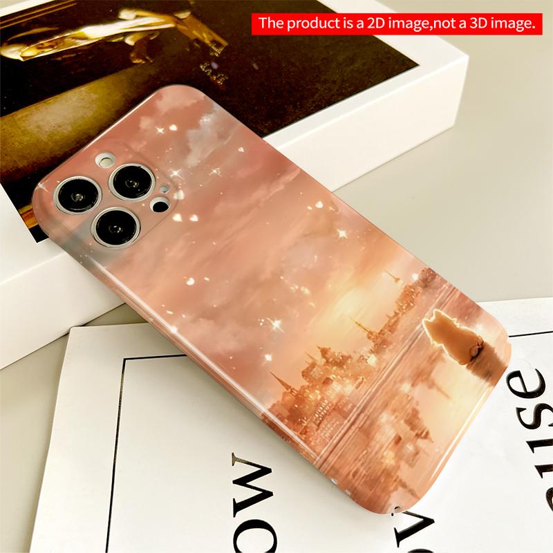 2DFlat Golden Sunset Cityscape with Cat Reflection All inclusive film hard iPhone case, compatible with iPhone 18 Pro Max 17 16 15 14 13 12 11