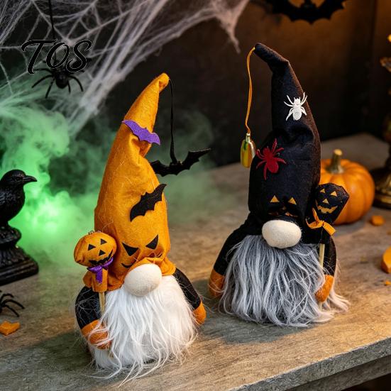 Halloween Plush Gnome Decorations Light Up Decoration, Spooky Orange Black Swedish Tomte Elf Figurine, Decorative Dolls for Fall Cute Glowing
