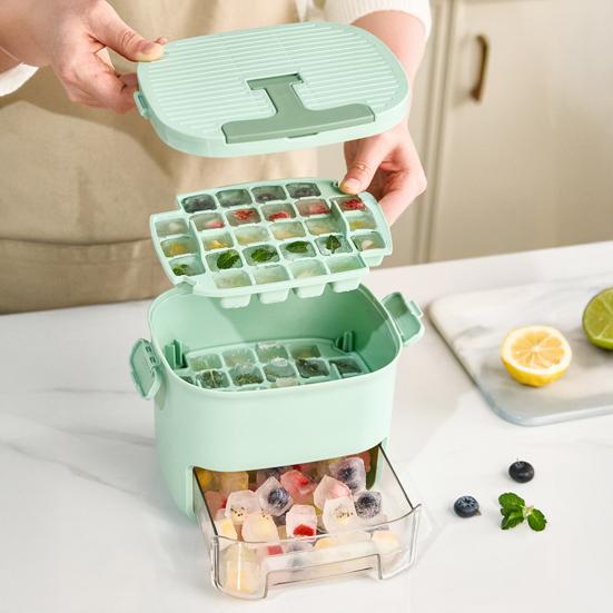 Ice Tray with Lid & Bin Press To Release 52 Cavity Ice Cube Mold for Freezer BPA-Free Stackable Ice Cube Maker for Drinks Whiskey Coffee Cocktail