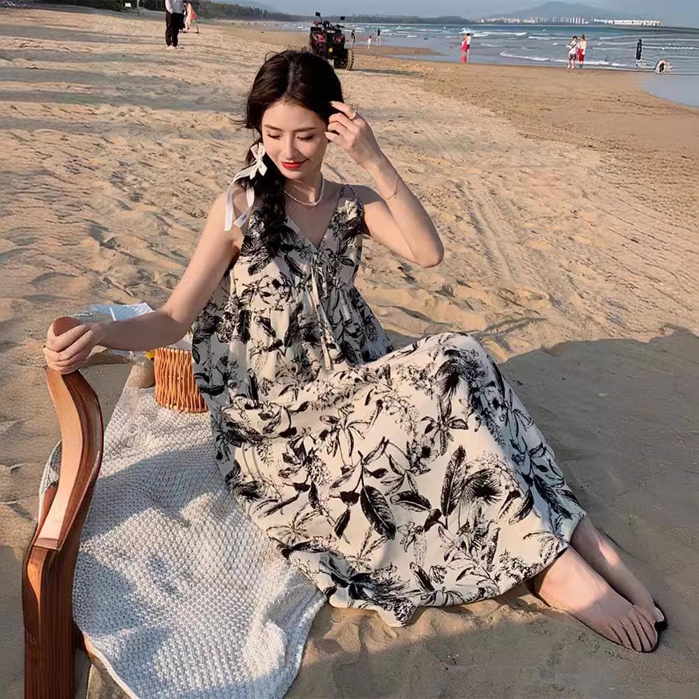 2024 French Ink Floral Suspender Beach Dress: High-End Summer Wear for Women