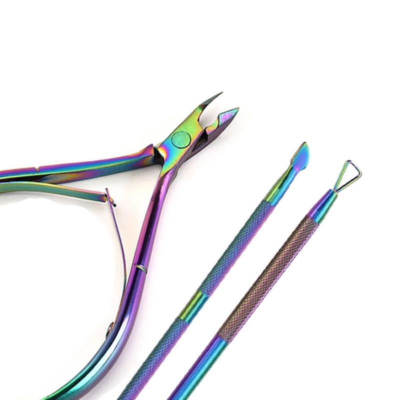 Manicure Nail Tool Hot Sale Rainbow Color Nail Salon DIY 3Pcs/set Dual-ended Stainless Steel Nail Cuticle Pusher Scissor Set