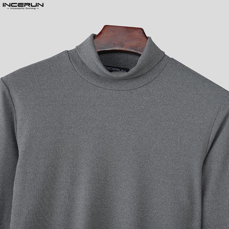 INCERUN S-5XL Men Long Sleeve Ribbed Fitted Pullover Tops Autumn Spring Undershirts