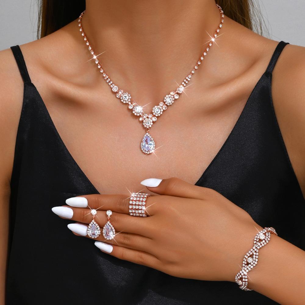 Wedding Jewelry Set Three-piece Set Bright Rhinestones Zircon Angel Teardrop Necklace Earrings Bracelet