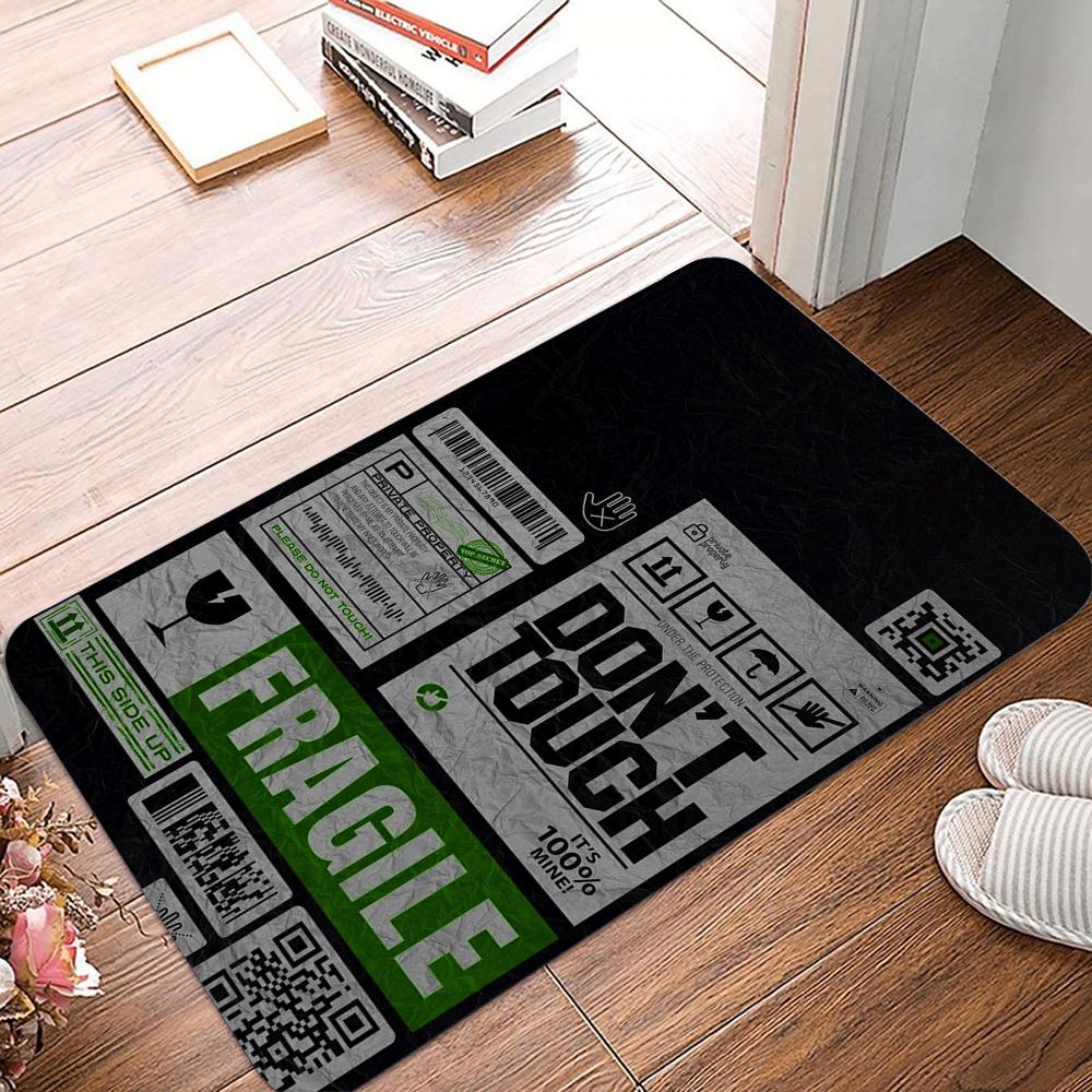 Fragile Don't Touch Warning Sign Area Mat for Home Entrance 80s Retro Industrial Style Non-Slip Decorative Floor Covering Rug