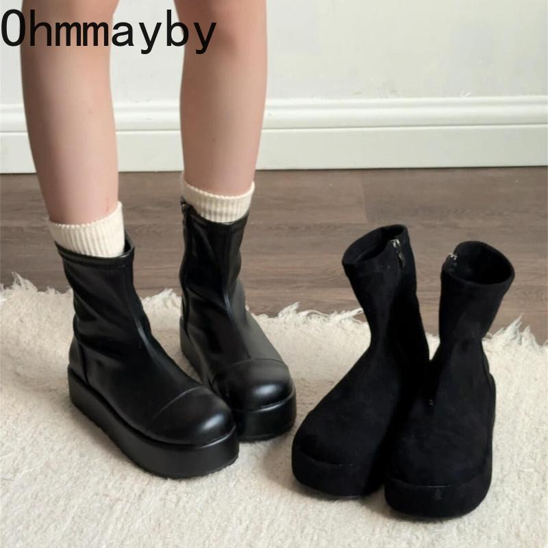 Winter Chunky Elastic Slim Woman Ankle Boots Fashion Platform Flats Shoes Female Cosy Soft Leather Mordern Short Booties