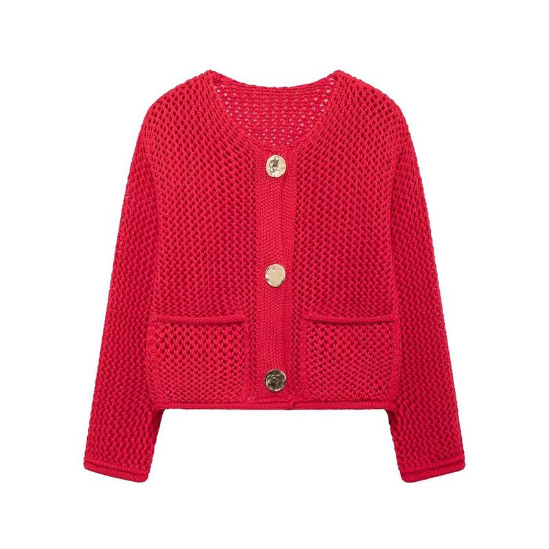 Damenmode mit Taschen Rot Einfach geknöpfter Strickpullover Vintage O-Ausschnitt Lange Ärmel Weiblich Schicke Damen-Outfits