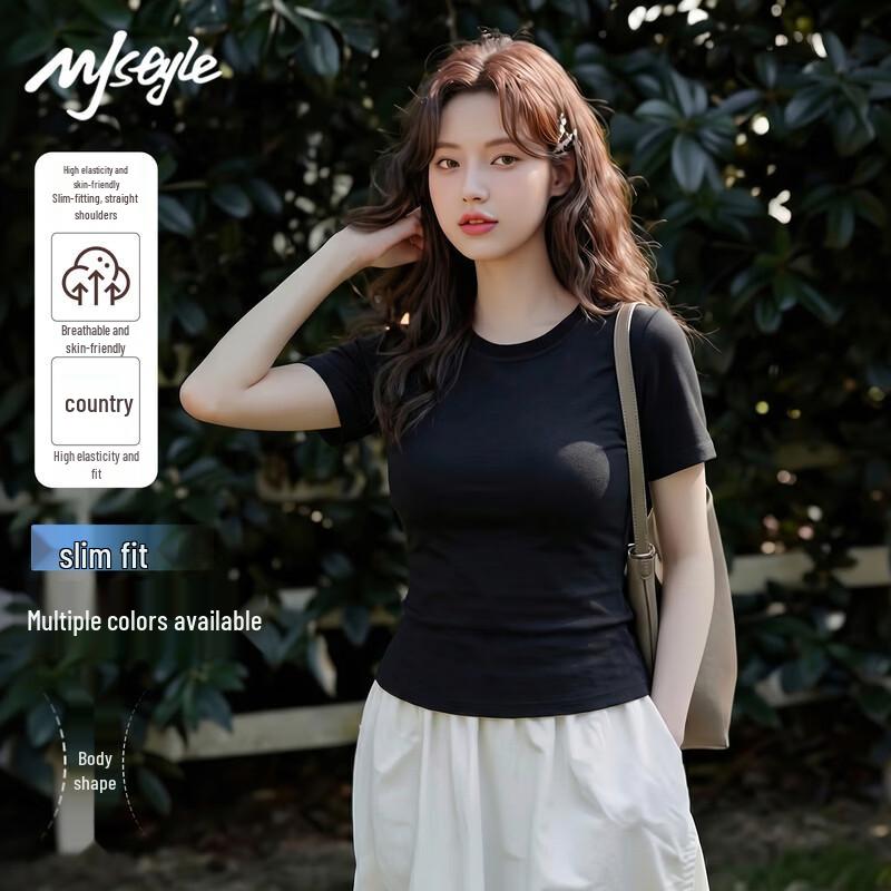 MJ STYLE Women's Solid Color Slim Fit Round Neck Short Sleeve T-Shirt