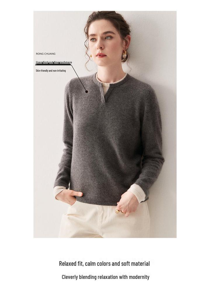 Korean Style Color Block Women's Cashmere Knit Patchwork Top - Fake Two-Piece, Round Neck, Long Sleeve