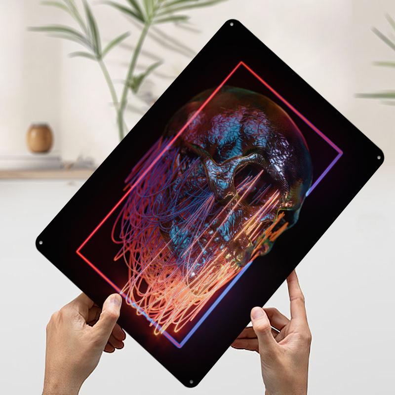 

Neon Skull With Wires Tin Plaque Poster Customized Wall Art Retro Vintage Metal Signs for Man Cave Living Room Decoration Decor 7.9x11.8In(20x30cm)