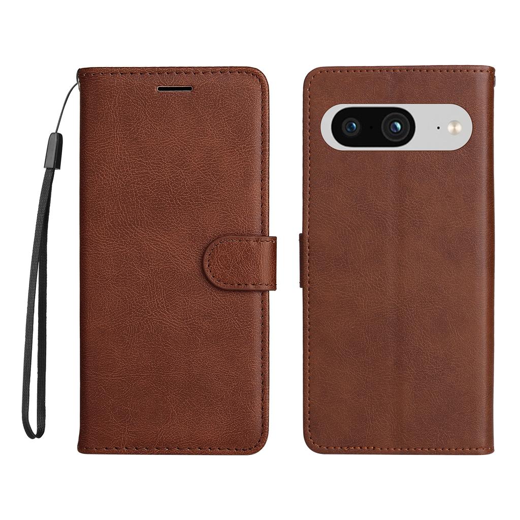 For Google Pixel 8 Leather Wallet Case with Strap Solid Color Phone Stand Cover
