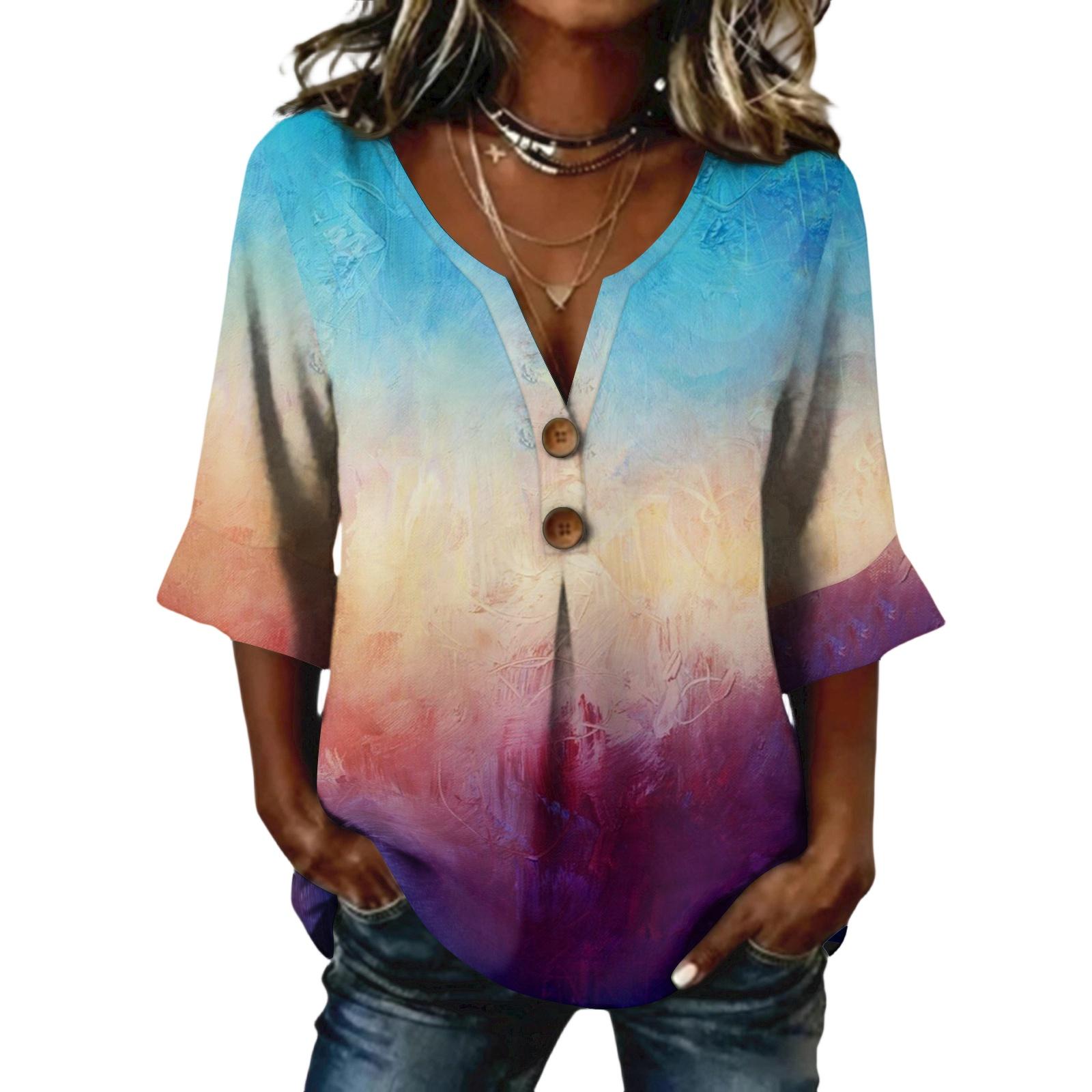 

Ladies cross dyed printed button casual V-neck fashionable seven quarter sleeve top L