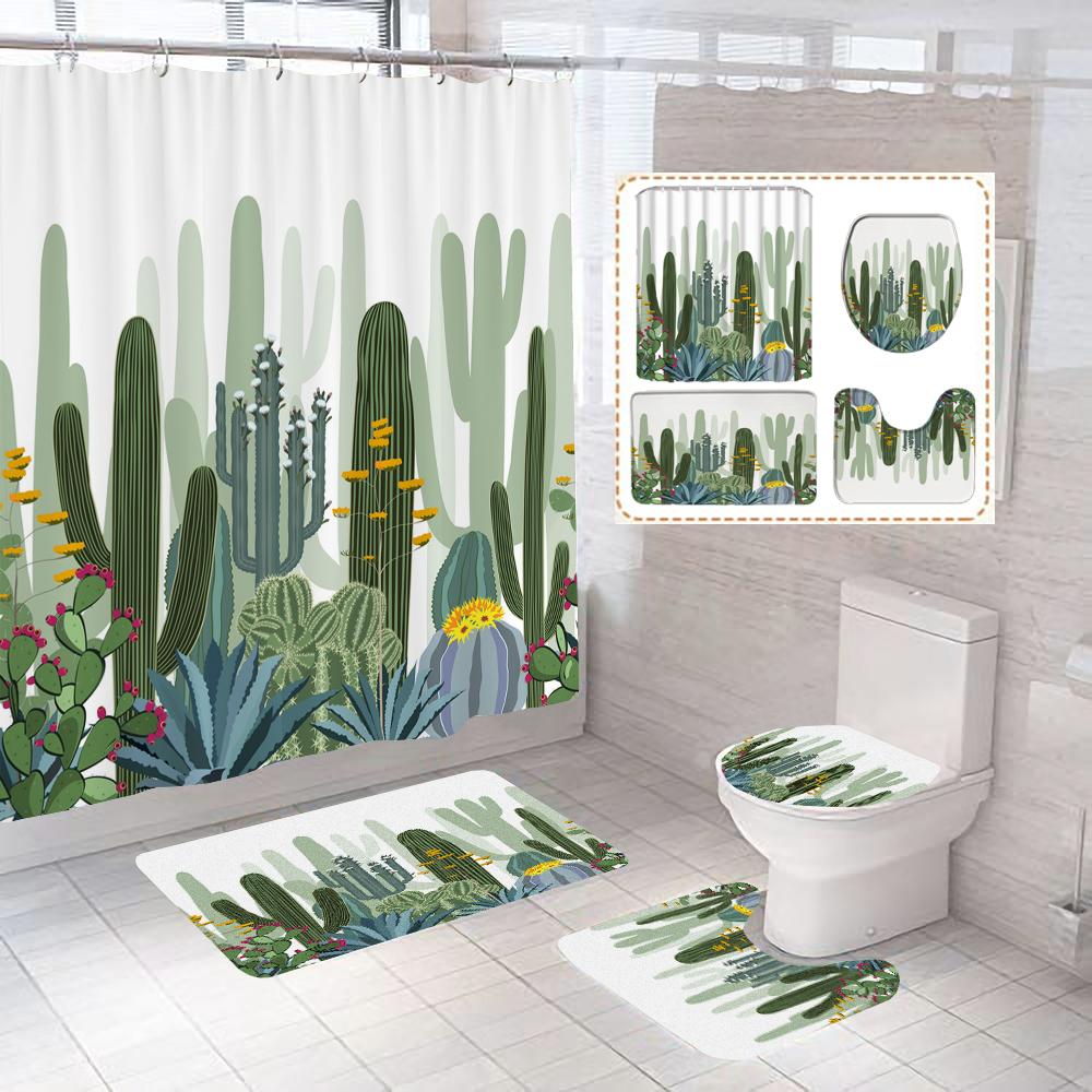 Green Tropical Plant Cactus Bathroom Curtain Polyester Fabric Shower Curtains Pedestal Rug Toilet Cover Bath Mat Set Home Decor