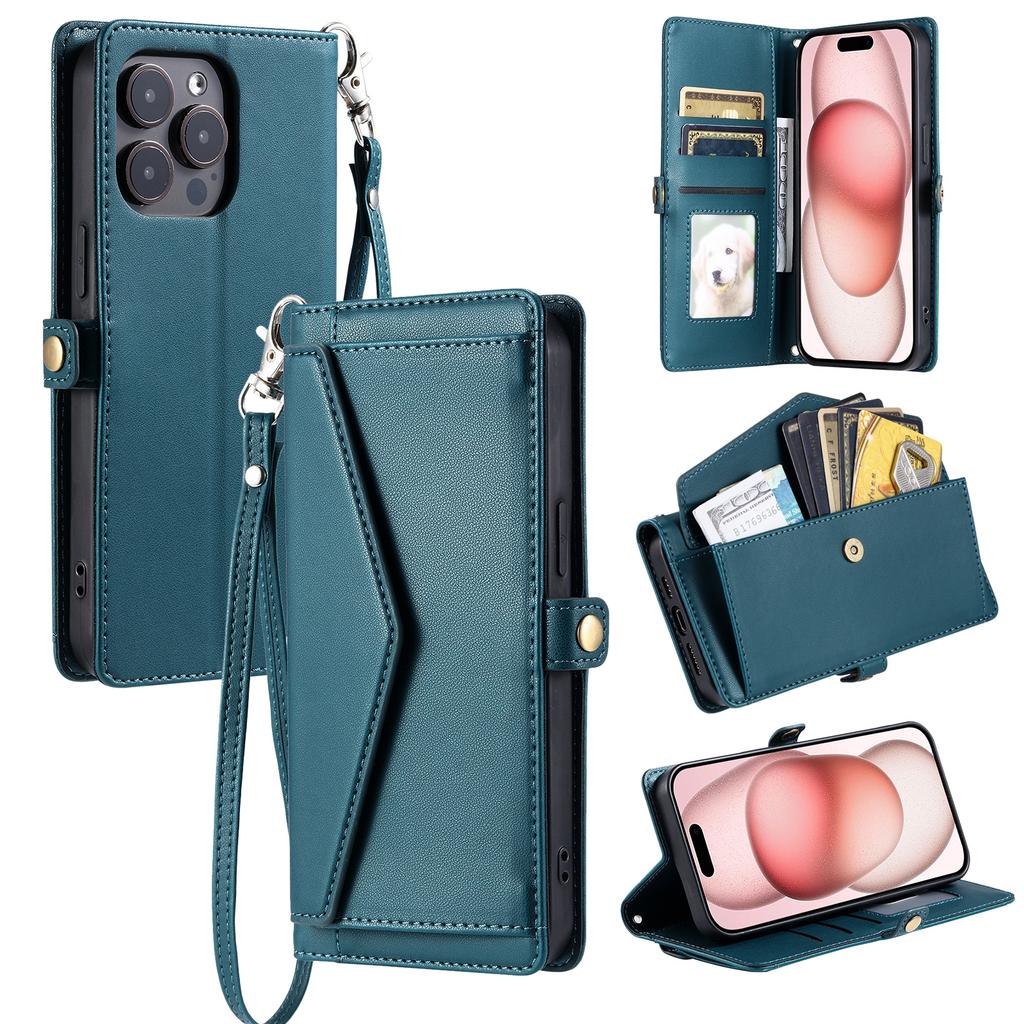 For iPhone 16 Pro Leather Case with Wrist Strap Wallet Stand Phone Cover