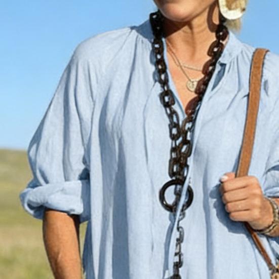 Baumwoll-Leinen-Kleid für Damen Boho Lässig Strandurlaub Sommerkleid Langarm V-Ausschnitt Locker geschnittenes Kleid