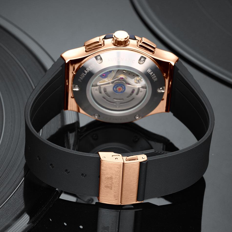 Paulareis Rubber Strap Multifunctional Running Seconds Chronograph Rose Gold Quartz Men's Watch