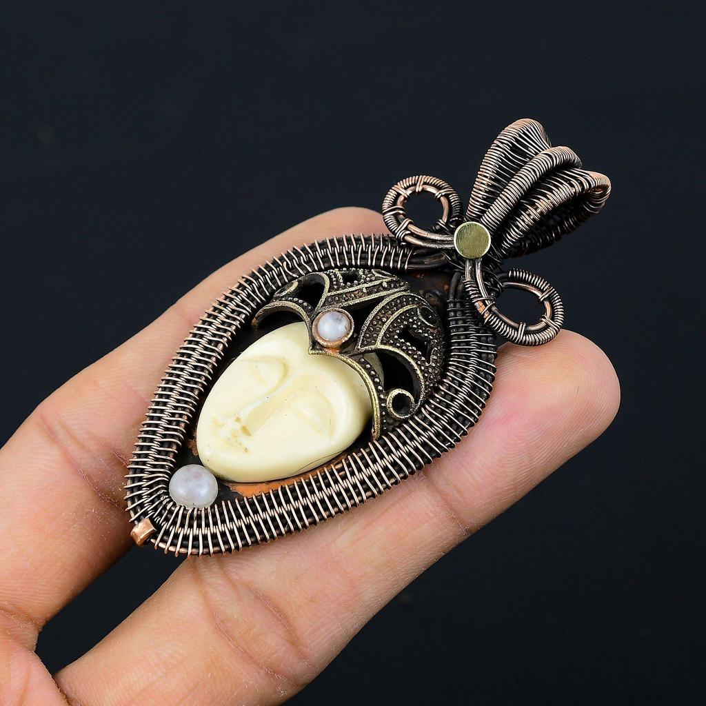 Carved Bone Face Gemstone Pure Copper Wire Wrapped Designer Handmade Pendant Jewelry Gift