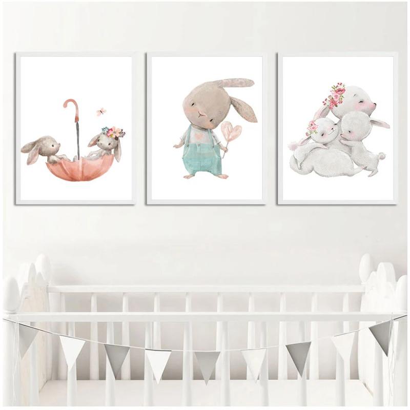 Bear Rabbit Art Canvas Print Baby Bunny Poster Nursery Painting Flower Animals Wall Art Nordic Poster Picture Kids Room Decor