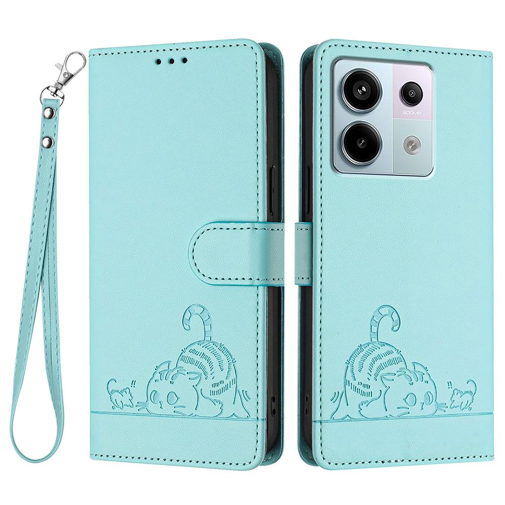 For Xiaomi Redmi Note 13 Pro 5G/Poco X6 5G Case with Strap RFID Blocking Leather Wallet Phone Cover Cat Mouse Pattern - Black