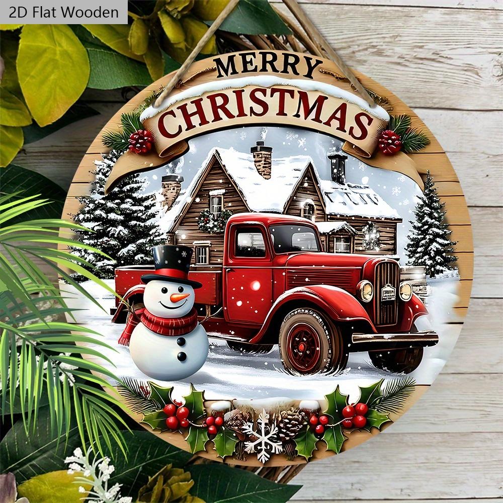 Christmas Wooden Sign with Classic Snowman & House Pattern - Navidad Round Sign for Front Door, Wall Hanging Decor - Ideal Christmas Decoration