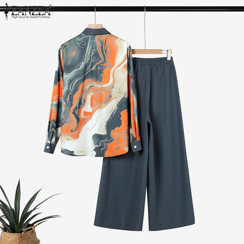 ZANZEA Women Print Shirts and Pants Casual Two Piece Suit Sets