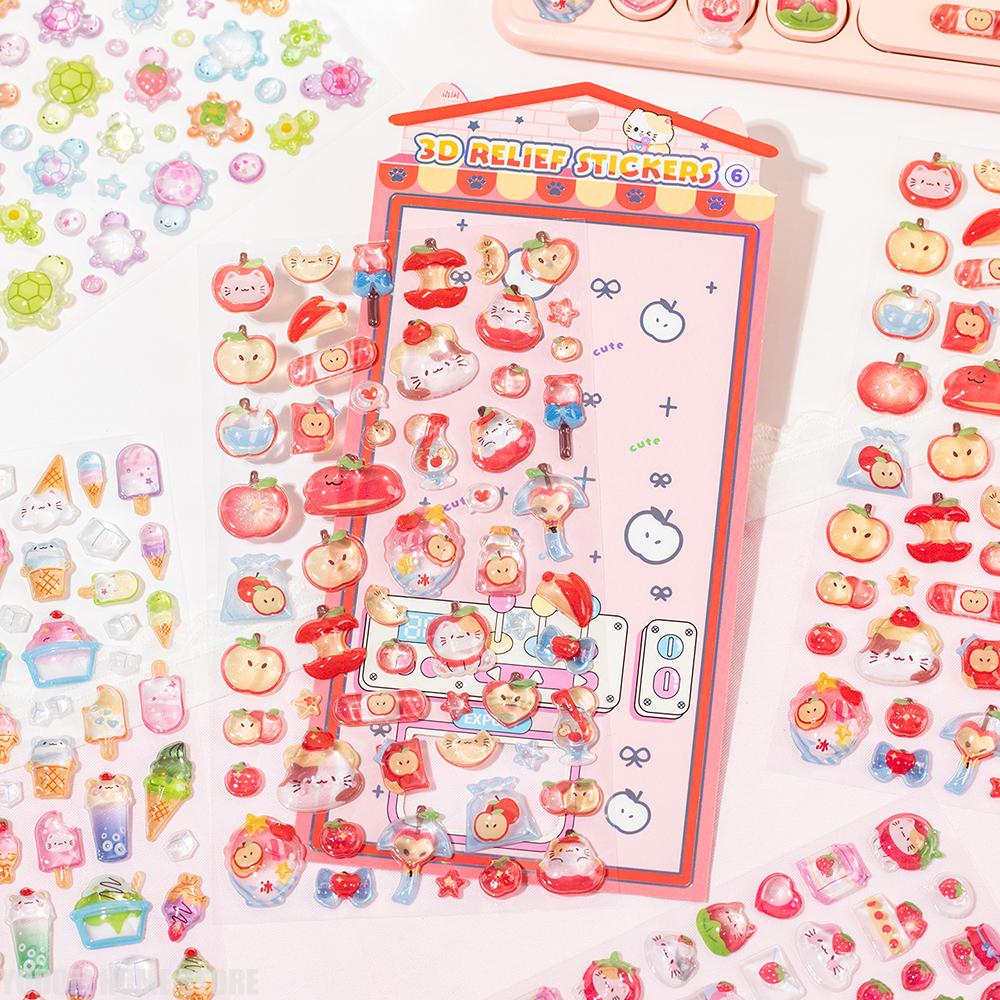 NEW Cute 3D Embossed Stickers Ice Cream Turtle Strawberry Apple Material for Phone DIY Scrapbooking Journaling Craft Supplies