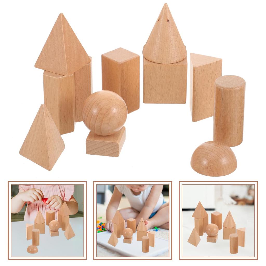 Gadpiparty Wooden Blocks, Cubes, Building Blocks, Geometry Blocks, 3D, 12 Pieces, Wooden 3D Models, Math, Oval, Pyramid, Geometric Models, Learning