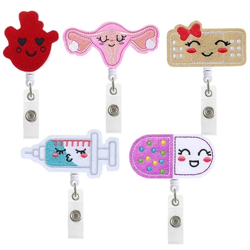 Cartoon Felt Cloth Embroidery Retractable Easy Pull Badge Reel Clip Id Card Holder Nursing Accessories School Supplies