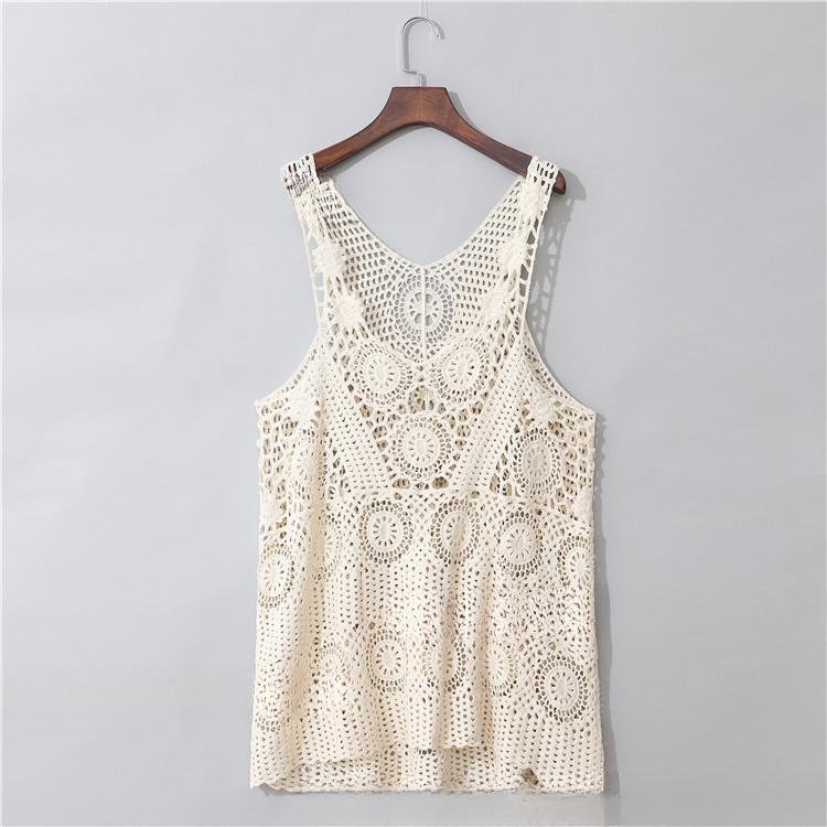 Women's New Crochet Hollow Versatile Vest, Loose Temperament and Fashionable Exterior Literary Asymmetrical Beach Blouse