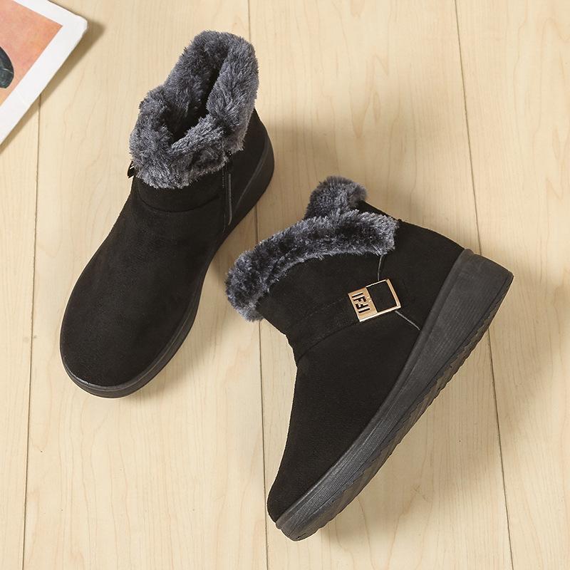 Fashion Warm Snow Boots for Fashion MATURE LEISURE Flat with Round Toe Buckle Strap Solid Casual Women Shoes Black