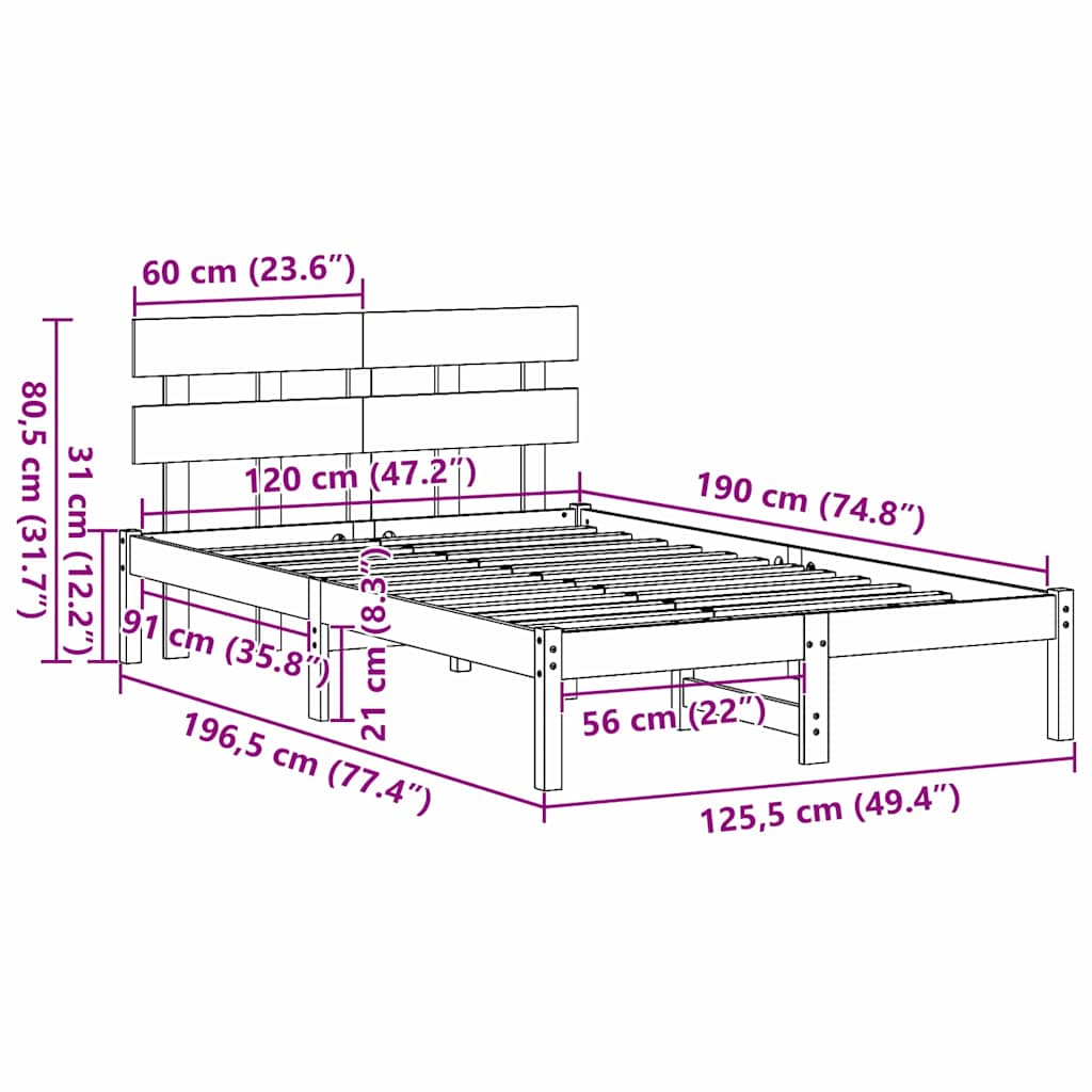 White Bed Frame with Headboard 120 x 190 cm Solid Pine Wood
