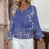 Women's Casual Fashion Ruffle V-Neck Pocket Retro Print Long Sleeve Top