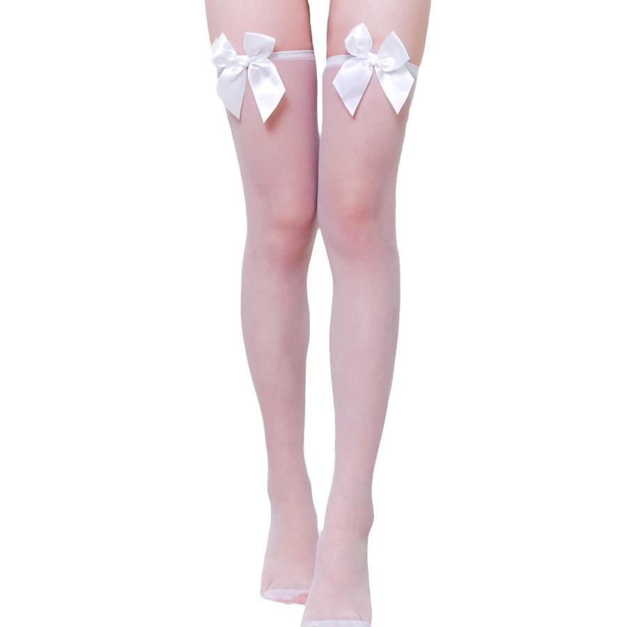 Night spring breeze, long-tube sex stockings, bow white sexy thin-tube stockings, women's sex thigh socks