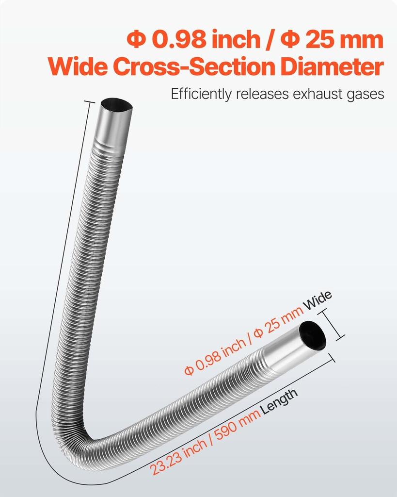 Exhaust Hose, 600mm Diesel Heater Flexible Exhaust Pipe, Stainless Steel Exhausts Hoses with 2 Hose Clamps, Air Diesel Parking Heater Exhausts Hoses