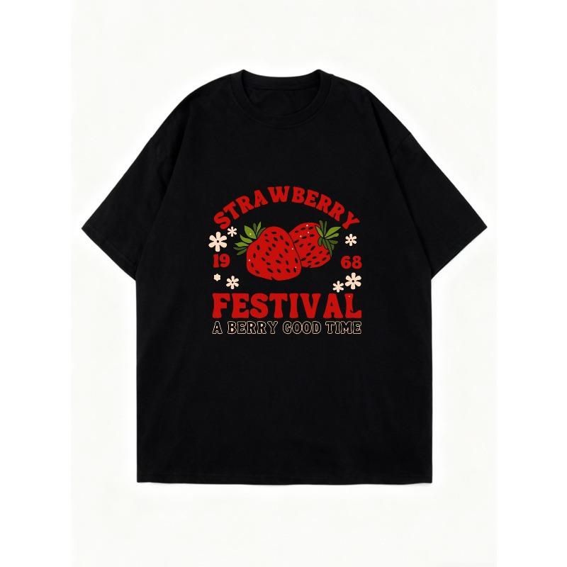 Oversized T-Shirt Black Strawberry Festival Graphic Print With Text A Berry Good Time Casual Wear For Summer Outings And Festivals