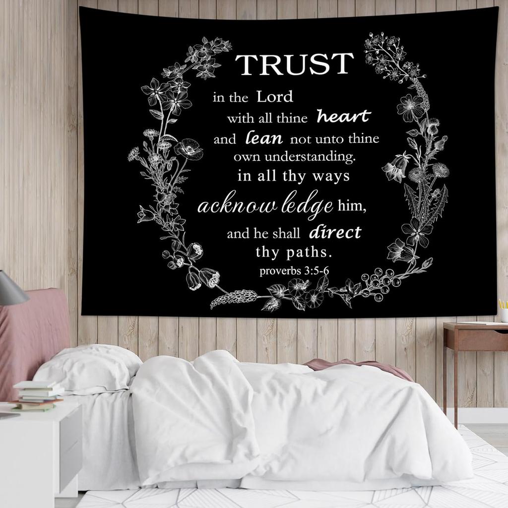 Bible Verse Tapestry Christian Motivational Quotes and Wildflower on Black Tapestries for Bedroom Aesthetic Nature Botanical
