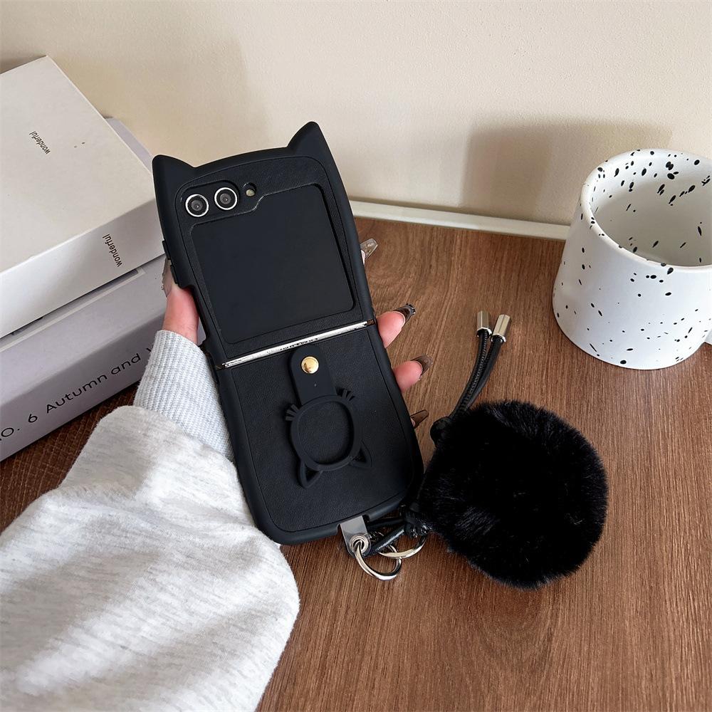 Phone Cases Samsung, Leather Patch Cat Ear Ring Holder Case with Plush Ball samsung zflip7