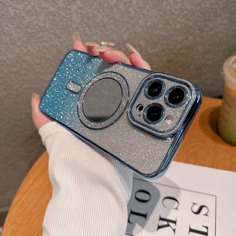 New Apple 16 mobile phone case iPhone15promax electroplated flash diamond lens 14 mirror glitter magnetic suction soft cover