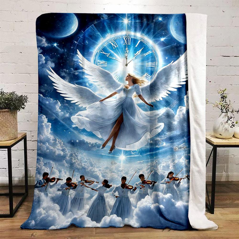 Angel Clock Violin Print Blanket  Printed Blanket for Living Room Bed Couch lunch break Soft Cozy Blanket for Friend's festival Gift