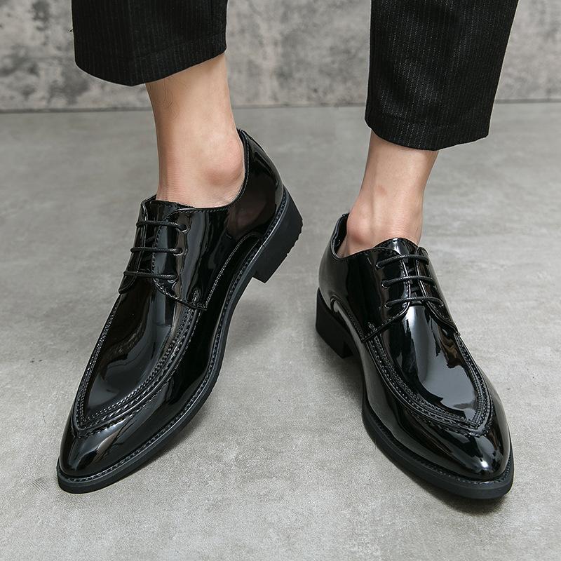 Men's casual large size 48 gradual change color fashion pointed glossy business dress lace-up leather shoes