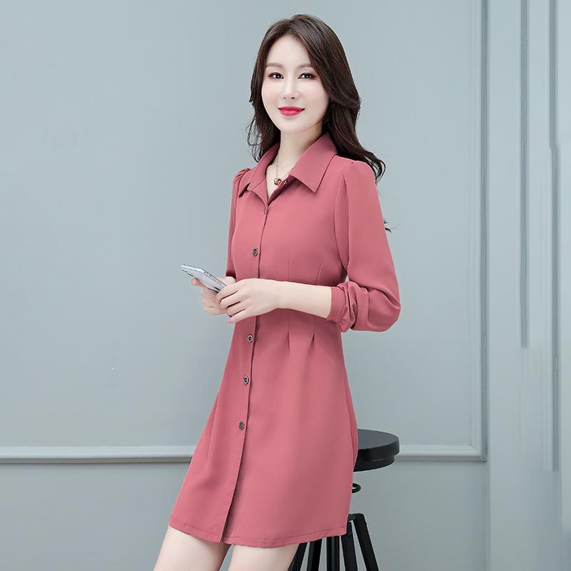 

Весенне-осеннее облегающее и тонкое темпераментное однотонное платье с рубашечным воротником и длинными рукавами, женская одежда S розовый
