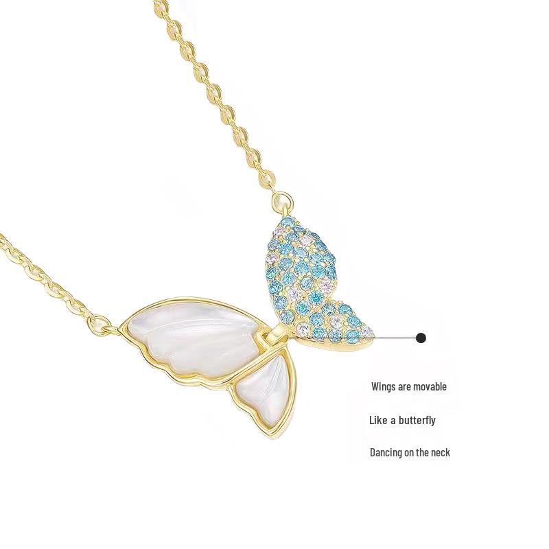 

925 Sterling Silver Blue Butterfly Necklace with Mother-of-Pearl and Rhinestones – Elegant Gift for Women