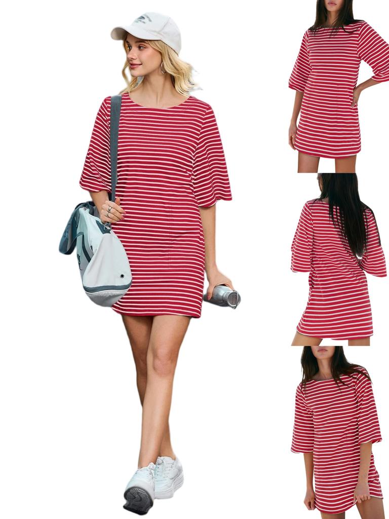 Women's Cotton Striped Mini Dress 3/4 Sleeve Loose Fit with Side Pockets