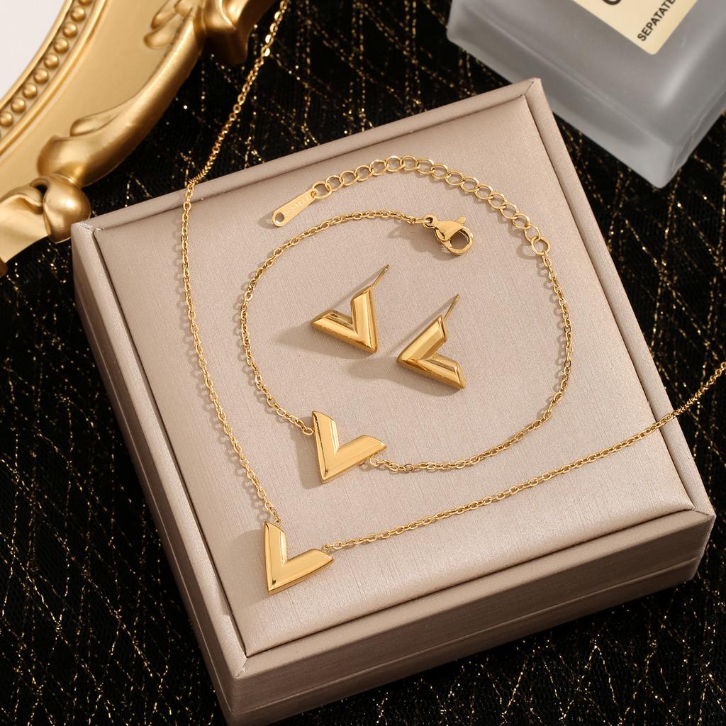 Jewelry Set for Women Stainless Steel 18k Gold Shell Butterfly Heart V-shape Pendant Necklace Rings Earring Bracelet Set