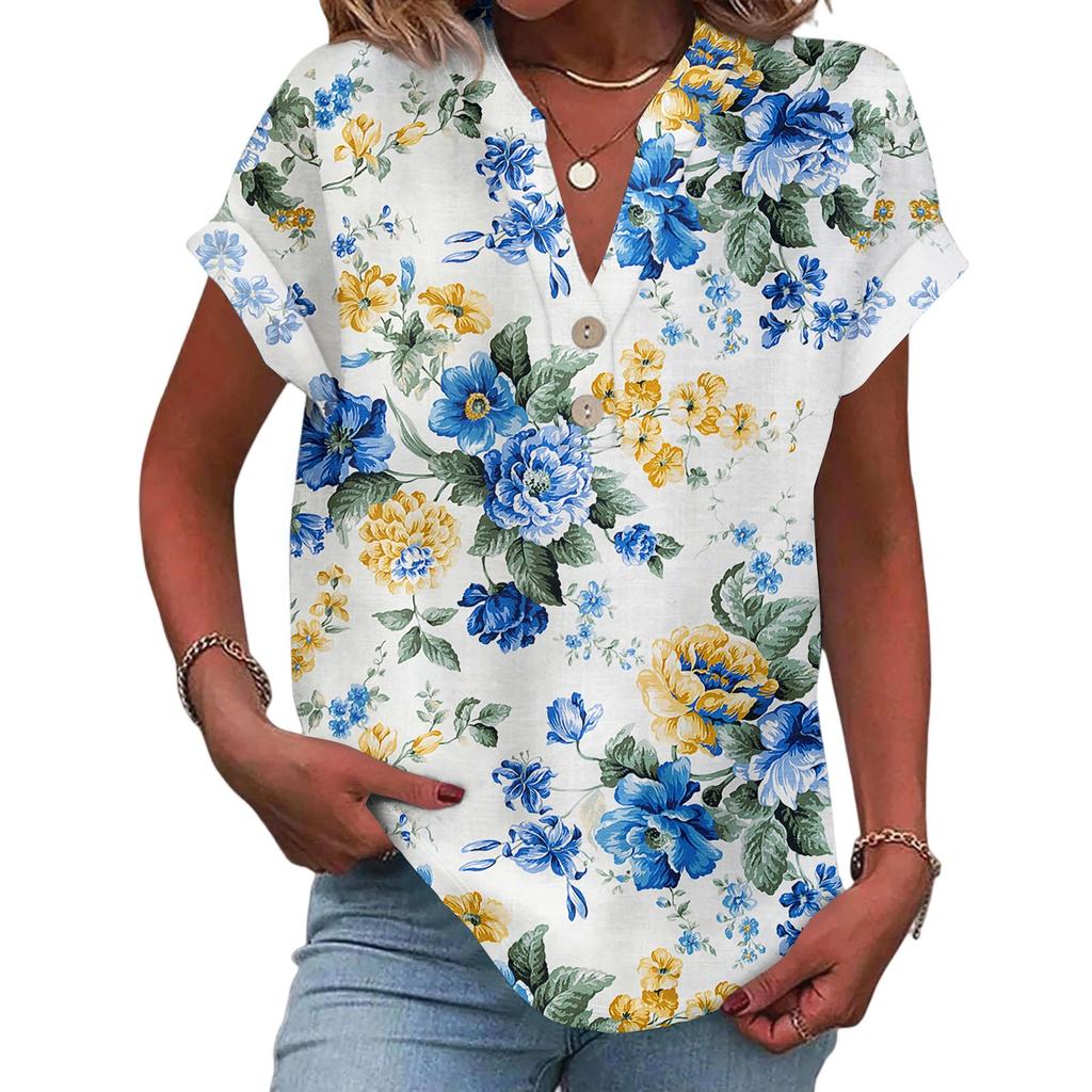Damen Lässige Mode V-Ausschnitt Knopf Floraler Druck Kurzarm Top