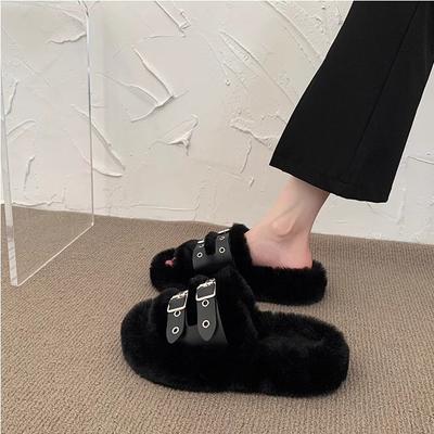 Fashion Thick-bottomed Versatile One-word Fluffy Slippers Women's 2025 Autumn and Winter New Popular Home Plush Outer Wear Cotton Mop