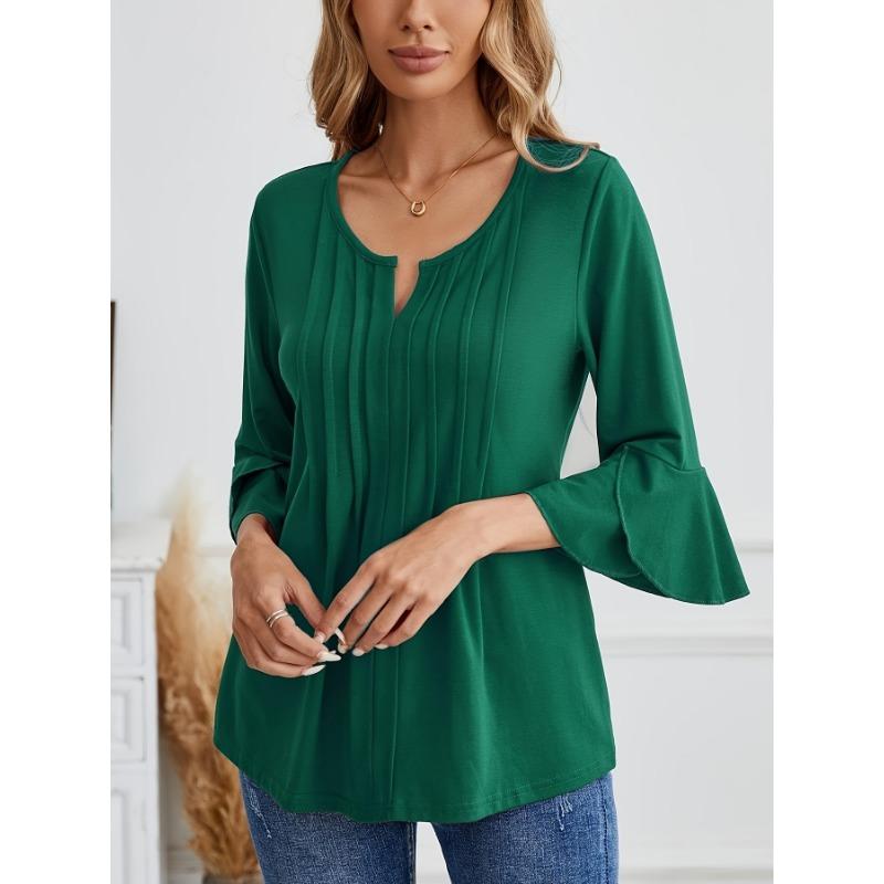 Women S Elegant Casual 3 4 Sleeve V Neck T Shirt With Ruffle Front Pleats